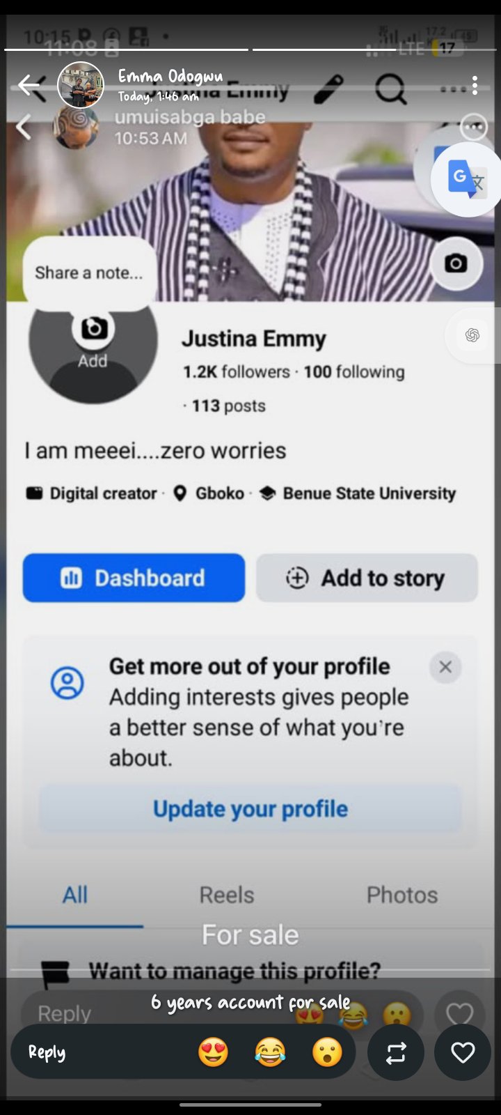 Social Media account screenshot — Justin emmy 