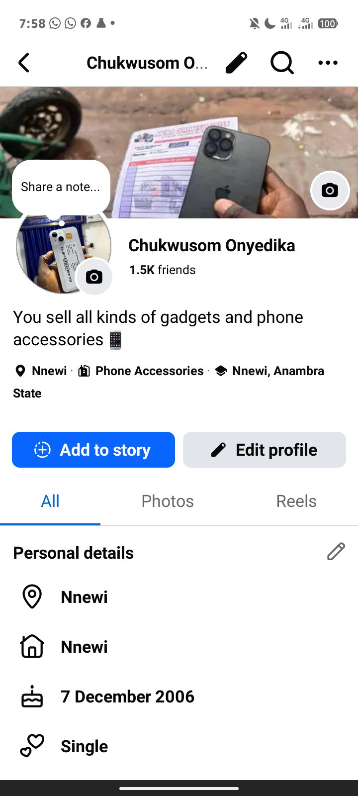 Social Media account screenshot — Chukwusom Onyedika