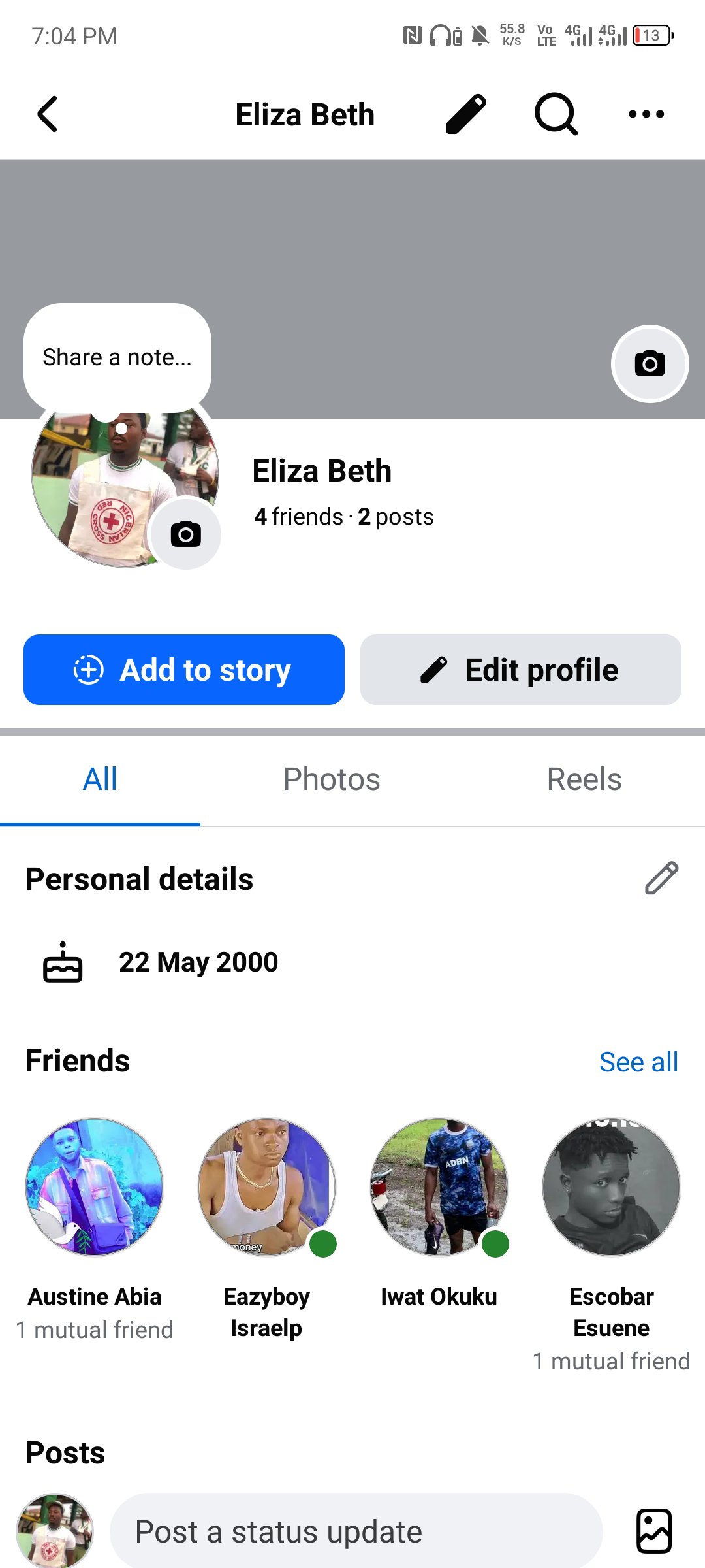 Social Media account screenshot — Eliza beth